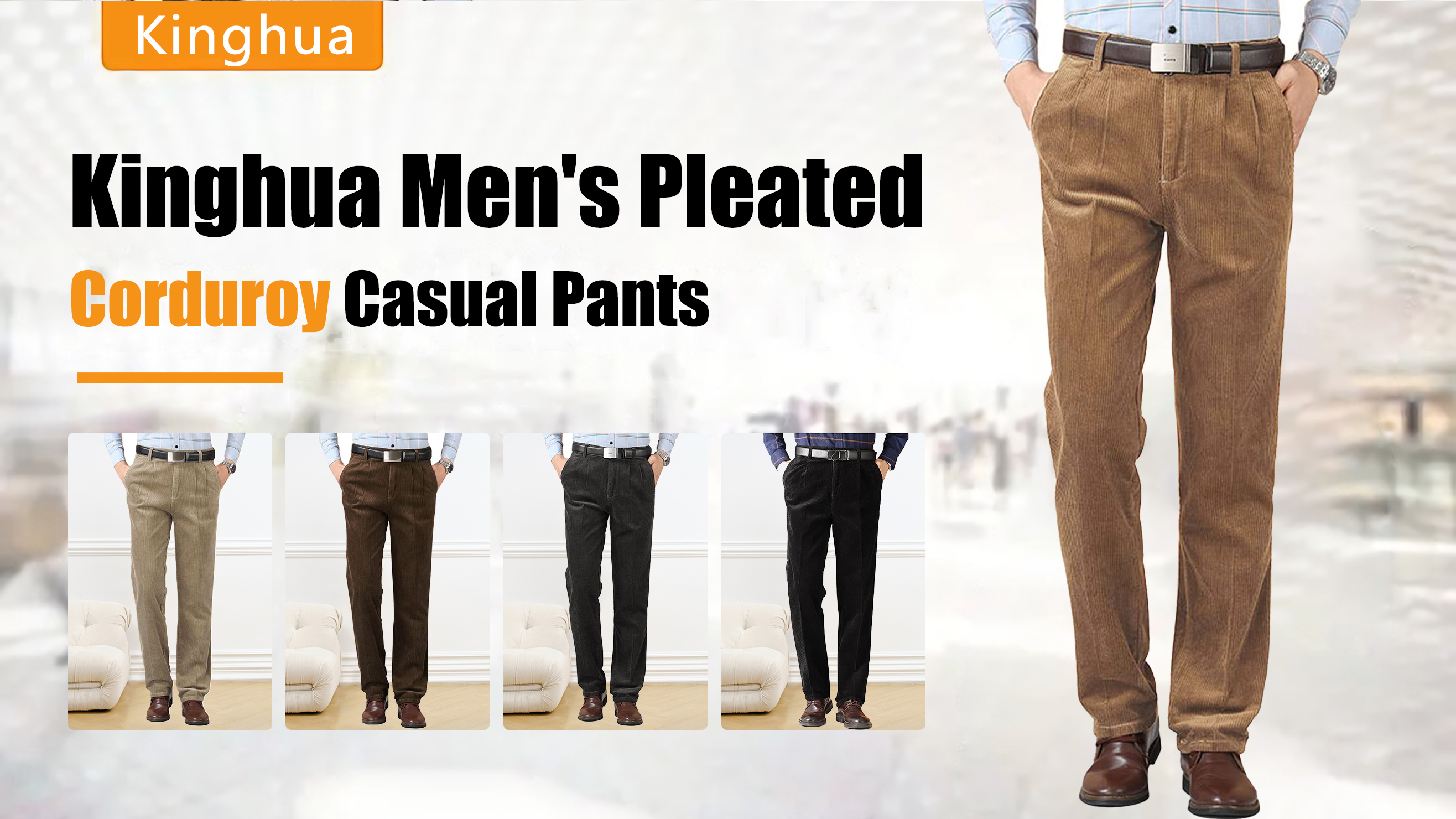 Kinghua Men's Pleated Front Corduroy Pants Casual Relaxed Fit